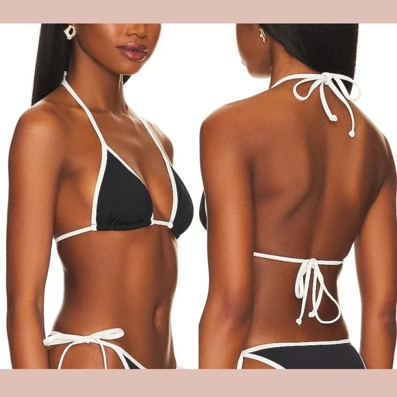 NWD $92 L Space [ Small ] Colorblock Lotus Bikini Top in Black + Cream #U1742 - Picture 2 of 10